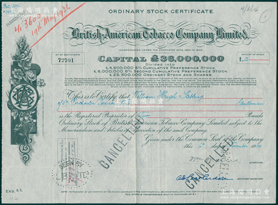 1934年英美烟草公司股票，普通股2镑，...