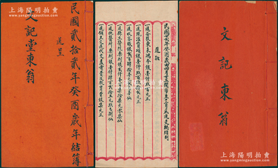 1933和1935年广东佛山中医老字号（福禄路）“仁济堂”年结簿共2册不同，由文记堂股东执有，内中详列进款（含股本及医药等情形）、支款、存款及分红等明细，内容颇为详尽；香港藏家出品，保存甚佳，敬请预览