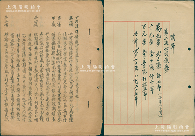 民国（约1934年）“六河沟煤矿股份有限公司发行公司债章程”1册，内有详尽章程16条，另附“第二次公司债券清单”1份（共计万元券、千元券、百元券共计2700张），可适用于六河沟煤矿股票、债券之辅助收藏，保存较佳，敬请预览