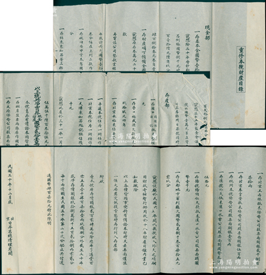 民国三十年（1941年）北京日昇昌总清理处《重修本号财产目录》1份，其上详列现金部、存产部之现金、财产等各项明细（共计国币21.547176万元），且另有旧存之有价证券如太原保晋公司股票、汉口水电公司股票等各种债额银204万两等，内容极其丰富，拉开长达1米多；日昇昌乃山西票号之鼻祖，此份其清理结业之文献极富史料研究价值，保存尚佳，敬请预览