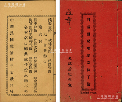 民国贰拾肆年（1935年）《日泰祖房瑞兰堂份子簿》1册，该堂立于光绪十七年（1891年），内中详列各村股份名录共计2000份；广东开平县传统式老股票，保存较佳，敬请预览