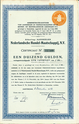 1942年和囒银行（即今荷兰银行）股票，面额1000盾；该行乃属荷兰第一大银行，自1903年即进入中国设立分行，成为在华著名之外商银行，亦发行有上海地名纸币，昔年中国工商业巨子虞洽卿氏亦为该行之买办；罕见，且附带有息票，八成新
