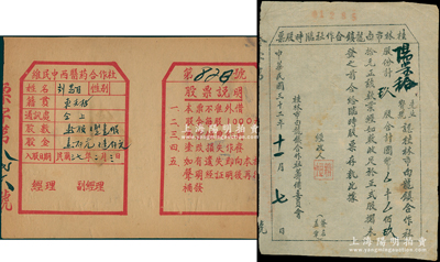 民国老股票2种，详分：1943年桂林市白龙镇合作社临时股票，玖股计国币玖拾元；1948年维民中西医药合作社股票，壹股又整壹股计股金壹仟元又壹仟元；八成新