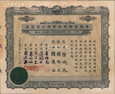 民国卅三年（1944年）华隆保险股份有限公司股票，陆拾股计股银陆万圆，票上董事王伯元乃上海滩金业大王、荣鸿三乃无锡荣氏家族（荣宗敬之次子，荣毅仁堂兄），而承购股东则为荣宗敬长子、著名实业家荣鸿元氏，且发行号码仅为00009号，尤为值得珍视；中国保险业老股票精品，源于荣氏家族之遗存，八五成新