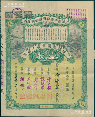 民国三十五年（1946年）交通银行股份有限公司股票，壹股计国币壹百圆，票上签名董事钱永铭、赵棣华、陈行、周佩箴、锺锷等均属著名银行家，背面付息状况至1957年；少见且富历史意义，八成新