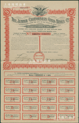 清代1910年加州跳跃金矿公司股票，5股...
