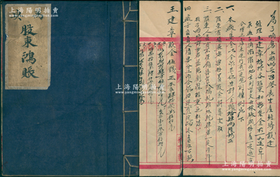 1952年山东《万安股东鸿账》（即股份簿）一厚册，事为“响应上级的号召，发展生产经济建设，经理王建章招集股东合夥在（棲霞）盘子涧地主刘学文开採的矿洞接着进行，共集资本黄金14两6钱”等情，并列明公议约定6条，内中记录60余位股东之投入股金及数次分红金额；此种棲霞金矿之传统式股份书形制特殊，罕见且保存甚佳，敬请预览和重视