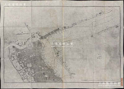 光绪年间（1884年之前）北洋海军营务处编译《八省沿海全图》中的“江苏黄浦江上海图”大型地图1张，属广东水鱼雷局旧藏，尺寸945×675mm,其上标明沿江各码头、洋行、银行（如怡和、旗昌、禅臣、沙逊各洋行，丽如、汇丰、麦加利、有利各银行等，内容丰富，极富时代之印象；保存甚佳，敬请预览