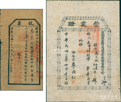 晋冀鲁豫解放区股票及股份资料共2件，属同一人，详分：①1939年磁县抗日合作社股票，壹股计国币壹元，该合作社以“抗日”冠名，尤属难得；②1940年“冀南第一区贸易局第三分局营业许可证”，发给马文裕在磁县六区经营染房商业；资深藏家出品，保存较佳，敬请预览