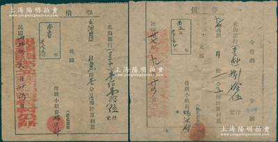 山东解放区“北海银行借券”共2枚不同，详分：1948年借券“麦种”捌拾伍斤、1949年借券“豆子”壹佰壹拾伍斤，月息1分5厘，由昌南县南孟区李戈庄第四村村公所所借；少见，七至八成新