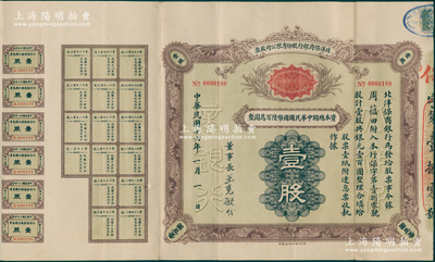 民国十六年（1927年）北洋保商银行股份有限公司股票，壹股计银元壹百圆，由董事长王克敏亲笔签名，背印章程摘要，且附带印鑑卡1张；此乃中国北方之著名商业银行，历史意义厚重，着实堪称中国银行业老股票之大珍品，此面额乃首度公诸于阳明，八五成新，值得推重和珍视